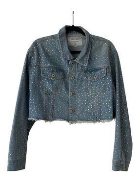 Liquor N Poker Embellished Cropped Denim Jacket Light Wash Blue Size, Size 8